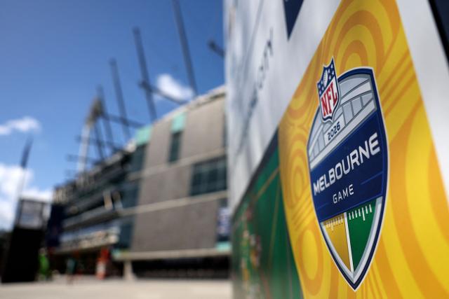 Signage is seen outside of the Melbourne Cricket Ground in Melbourne on September 9, 2026. The first-ever regular-season NFL game in Australia takes place at the Melbourne Cricket Ground on September 11, 2026, featuring the San Francisco 49ers and the Los Angeles Rams. (Photo by Martin KEEP / AFP)
