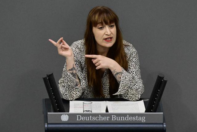 Parliamentary group co-leader of Germany's The Left (Die Linke) party Heidi Reichinnek speaks during a debate on the 2027 Budget bill at the Bundestag, the lower house of parliament, in Berlin, on September 9, 2026. (Photo by John MACDOUGALL / AFP)