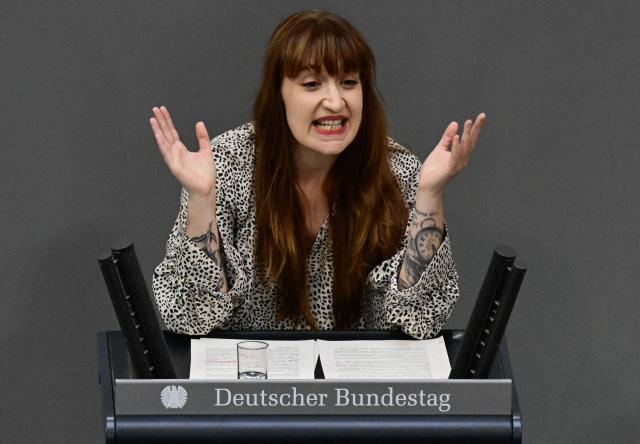 Parliamentary group co-leader of Germany's The Left (Die Linke) party Heidi Reichinnek speaks during a debate on the 2027 Budget bill at the Bundestag, the lower house of parliament, in Berlin, on September 9, 2026. (Photo by John MACDOUGALL / AFP)
