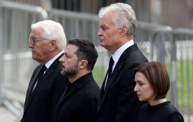 (L-R) German President Frank-Walter Steinmeier, Ukraine's President Volodymyr Zelensky, Lithuania's President Gitanas Nauseda and Moldova's President Maia Sandu arrive at the church as they walk during the royal procession accompanying the casket of late King Harald V of Norway from the Royal Palace Chapel to the Cathedral in Oslo, Norway, on September 9, 2026. Harald, who died on August 28, 2026 at the age of 89, will be laid to rest in the crypt of the royal mausoleum of Akershus Castle, a medieval fortress overlooking Oslo Fjord, after a service at the Oslo Cathedral. (Photo by Odd ANDERSEN / AFP)