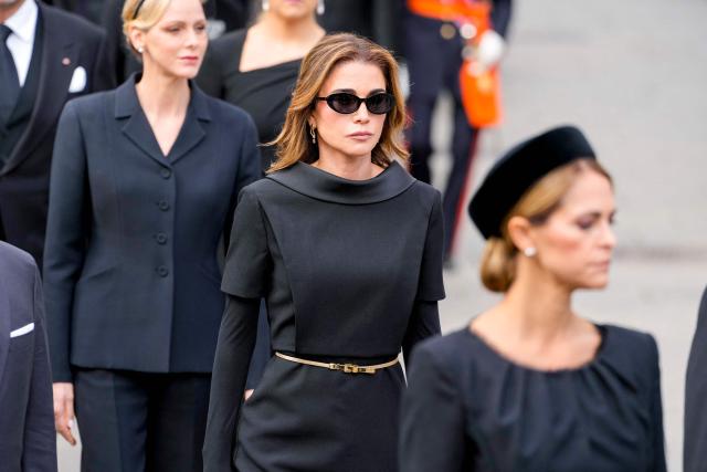 Queen Rania of Jordan walks during the royal procession as the casket of late King Harald V of Norway is transferred from the Royal Palace Chapel to Oslo Cathedral in Oslo on September 9, 2026. King Harald V died on August 28, 2026 aged 89 and his coffin will be carried in a funeral procession from the Royal Palace along Karl Johans gate to Oslo Cathedral on September 9, 2026. (Photo by Beate Oma Dahle / NTB / AFP) / Norway OUT