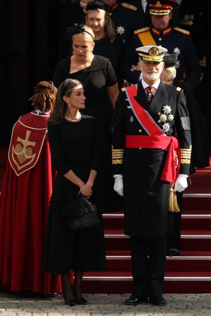 Spain's King Felipe and Queen Letizia arrive at the church after the state funeral for late King Harald V of Norway at the Cathedral in Oslo, Norway, on September 9, 2026. Harald, who died on August 28, 2026 at the age of 89, will be laid to rest in the crypt of the royal mausoleum of Akershus Castle, a medieval fortress overlooking Oslo Fjord, after a service at the Oslo Cathedral. (Photo by Odd ANDERSEN / AFP)