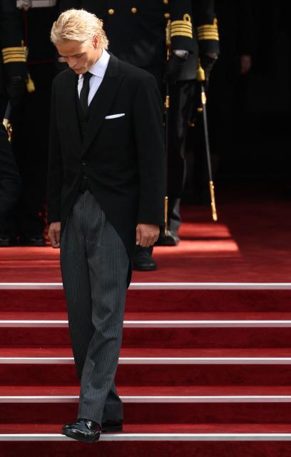 son of Queen Mette-Marit of Norway Marius Borg Hoiby leaves after the funeral service for late King Harald V of Norway before the casket is moved in a procession from Oslo Cathedral to Akershus Castle in Oslo, Norway, on September 9, 2026. (Photo by Odd ANDERSEN / AFP)