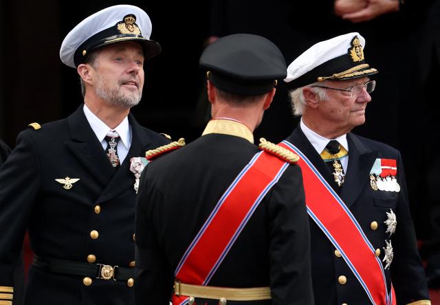 (LtoR) King Frederik X of Denmark, King Haakon VIII of Norway and King Carl XVI Gustaf of Sweden are pictured after the funeral service for late King Harald V of Norway before his casket is moved in a procession from Oslo Cathedral to Akershus Castle in Oslo, Norway, on September 9, 2026. (Photo by Odd ANDERSEN / AFP)