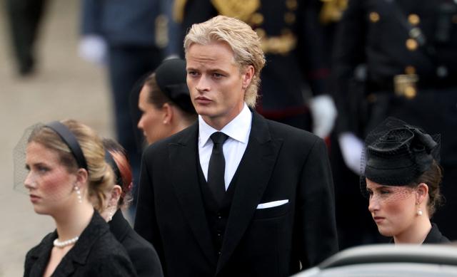 (L-R) Leah Isadora Behn, Maud Angelica Behn (hidden), the son of Queen Mette-Marit of Norway Marius Borg Hoiby and Emma Tallulah Behn leave the church at the end of the funeral service for Norway's late King Harald V at the Oslo Cathedral in Oslo, Norway, on September 9, 2026. Harald, who died on August 28, 2026 at the age of 89, will be laid to rest in the crypt of the royal mausoleum of Akershus Castle, a medieval fortress overlooking Oslo Fjord, after a service at the Oslo Cathedral. (Photo by Odd ANDERSEN / AFP)