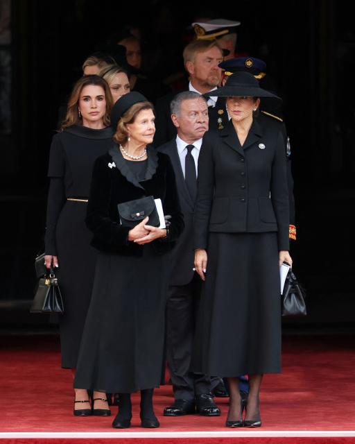 (From L) Jordan's Queen Rania, Queen Silvia of Sweden, Jordan's King Abdullah II, King of the Netherlands Willem-Alexander and Queen Mary of Denmark leave after the funeral service for late King Harald V of Norway before the casket is moved in a procession from Oslo Cathedral to Akershus Castle in Oslo, Norway, on September 9, 2026. (Photo by Odd ANDERSEN / AFP)