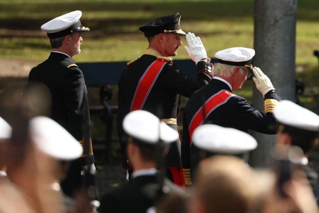Denmark’s King Frederik X (L), Norway’s King Haakon VII (C) and Sweden’s King Carl XVI Gustaf salute after the funeral ceremony for King Harald V in Oslo Cathedral in Oslo, Norway, on September 9, 2026. Harald, who died on August 28, 2026 at the age of 89, will be laid to rest in the crypt of the royal mausoleum of Akershus Castle, a medieval fortress overlooking Oslo Fjord, after a service at the Oslo Cathedral. (Photo by Odd ANDERSEN / AFP)