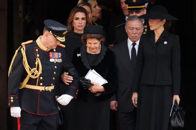 (From 2L) Jordan's Queen Rania, Queen Silvia of Sweden, Jordan's King Abdullah II, and Queen Mary of Denmark leave after the funeral service for late King Harald V of Norway before the casket is moved in a procession from Oslo Cathedral to Akershus Castle in Oslo, Norway, on September 9, 2026. (Photo by Odd ANDERSEN / AFP)
