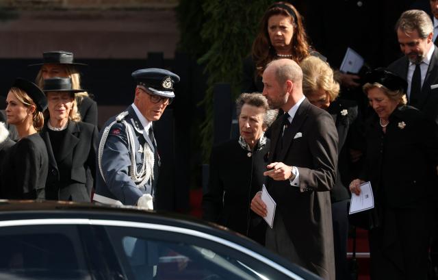 Britain's Princess Anne, Princess Royal (C) and Britain's Prince William, Prince of Wales (C-R) leave after the funeral service for late King Harald V of Norway before the casket is moved in a procession from Oslo Cathedral to Akershus Castle in Oslo, Norway, on September 9, 2026. (Photo by Odd ANDERSEN / AFP)