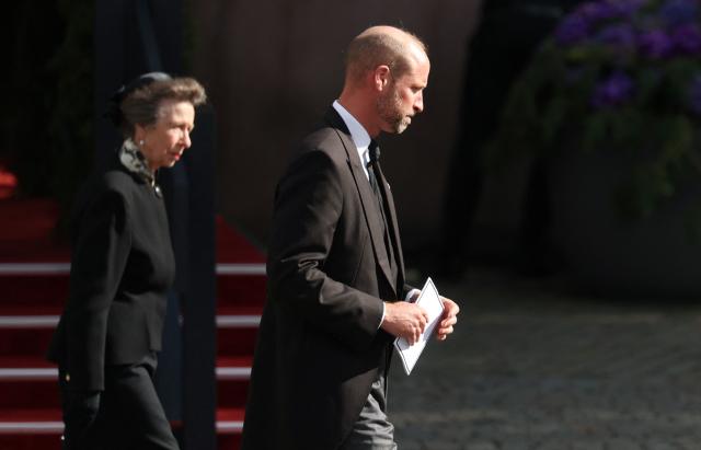 Britain's Princess Anne, Princess Royal (L) and Britain's Prince William, Prince of Wales leave after the funeral service for late King Harald V of Norway before the casket is moved in a procession from Oslo Cathedral to Akershus Castle in Oslo, Norway, on September 9, 2026. (Photo by Odd ANDERSEN / AFP)