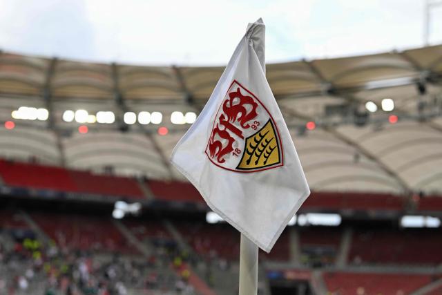 The logo of VfB Stuttgart is seen on the corner flag prior to the UEFA Champions League, League phase, football match between VfB Stuttgart and Viking in Stuttgart, southern Germany, on September 9, 2026. (Photo by THOMAS KIENZLE / AFP)