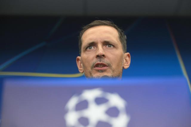 Lens' German headcoach Dino Toppmoeller addresses a press conference in Prague on September 9, 2026, on the eve of the  UEFA Champions League match between RC Lens and Salvia Prague. (Photo by Michal Cizek / AFP)