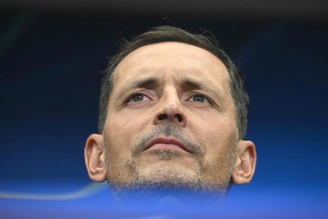 Lens' German headcoach Dino Toppmoeller addresses a press conference in Prague on September 9, 2026, on the eve of the  UEFA Champions League match between RC Lens and Salvia Prague. (Photo by Michal Cizek / AFP)