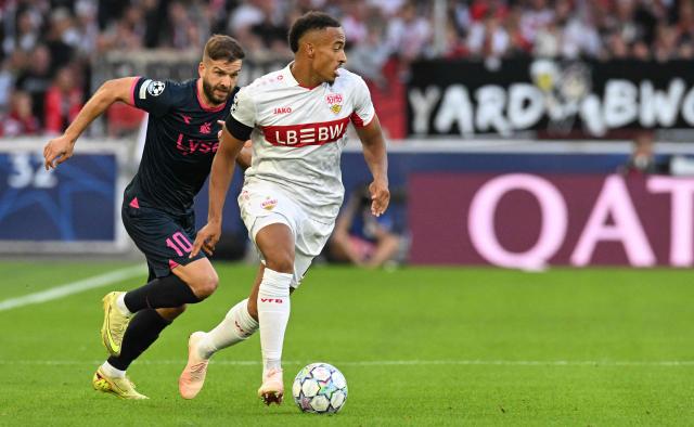 Stuttgart's German forward #18 Jamie Leweling (R) and Viking's Norwegian midfielder #10 Zlatko Tripic vie for the ball during the UEFA Champions League, League phase, football match between VfB Stuttgart and Viking in Stuttgart, southern Germany, on September 9, 2026. (Photo by THOMAS KIENZLE / AFP)