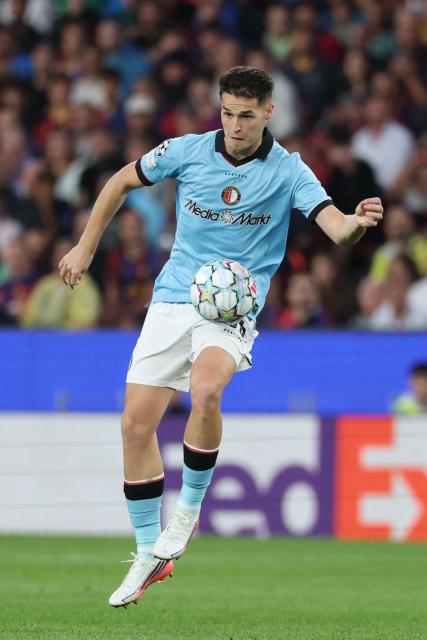 Feyenoord's Spanish defender #35 Mika Marmol controls the ball during the UEFA Champions League first round day 1 football match between FC Barcelona and Feyenoord at Camp Nou stadium in Barcelona on September 9, 2026. (Photo by Lluis GENE / AFP)