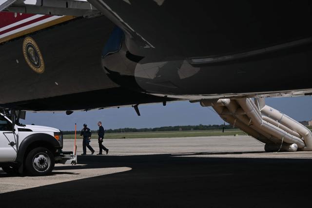 The emergency slide of the new Air Force One is deployed ahead of U.S. President Donald Trump’s departure for the Republican National Committee (RNC) midterm convention, at Joint Base Andrews in Maryland on September 9, 2026. Trump is traveling to Dallas, Texas, to address the first-ever Republican National Committee (RNC) midterm convention. (Photo by Brendan SMIALOWSKI / AFP)