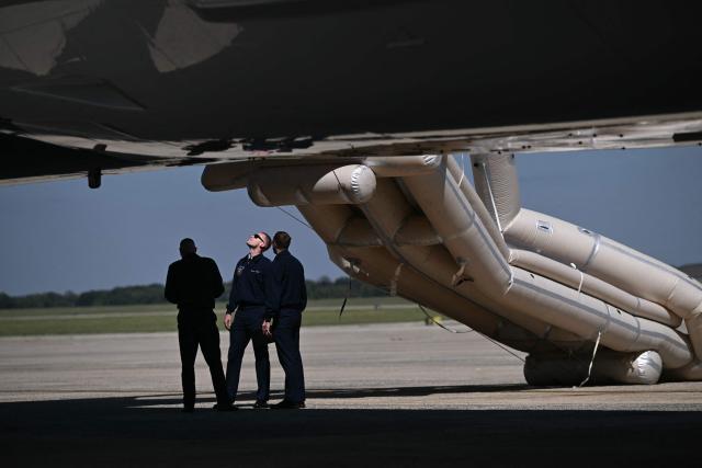 The emergency slide of the new Air Force One is deployed ahead of U.S. President Donald Trump’s departure for the Republican National Committee (RNC) midterm convention, at Joint Base Andrews in Maryland on September 9, 2026. Trump is traveling to Dallas, Texas, to address the first-ever Republican National Committee (RNC) midterm convention. (Photo by Brendan SMIALOWSKI / AFP)