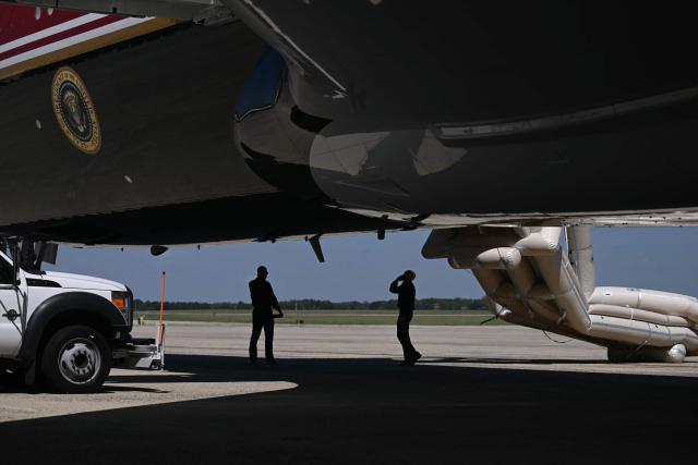 The emergency slide of the new Air Force One is deployed ahead of U.S. President Donald Trump’s departure for the Republican National Committee (RNC) midterm convention, at Joint Base Andrews in Maryland on September 9, 2026. Trump is traveling to Dallas, Texas, to address the first-ever Republican National Committee (RNC) midterm convention. (Photo by Brendan SMIALOWSKI / AFP)