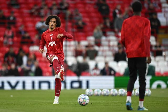 Liverpool's English striker #76 Jayden Danns warms up ahead of the UEFA Champions League football match between Liverpool and Atletico Madrid at Anfield in Liverpool, north west England on September 9, 2026. (Photo by Paul ELLIS / AFP)