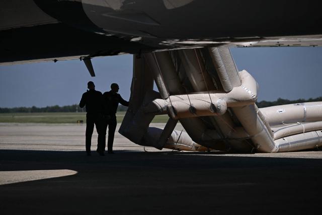 The emergency slide of the new Air Force One is deployed ahead of U.S. President Donald Trump’s departure for the Republican National Committee (RNC) midterm convention, at Joint Base Andrews in Maryland on September 9, 2026. Trump is traveling to Dallas, Texas, to address the first-ever Republican National Committee (RNC) midterm convention. (Photo by Brendan SMIALOWSKI / AFP)