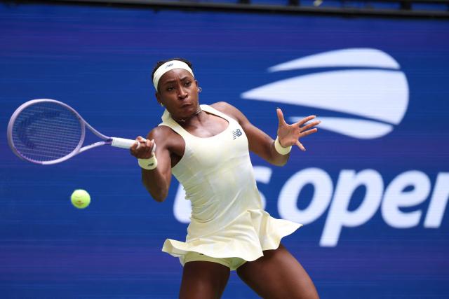USA's Coco Gauff hits a return to Russia's Mirra Andreeva during their women's singles quarter-final tennis match on day eleven of the US Open tennis tournament at the USTA Billie Jean King National Tennis Center in New York on September 9, 2026. (Photo by TIMOTHY A. CLARY / AFP)