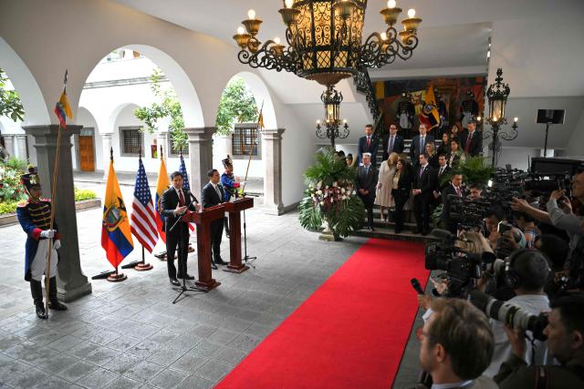 US Secretary of State Marco Rubio (L) and Ecuador’s President Daniel Noboa give a press conference at Carondelet Palace in Quito on September 9, 2026.  (Photo by Rodrigo BUENDIA / AFP)