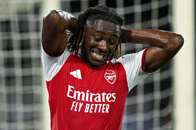 Arsenal's English midfielder #10 Eberechi Eze reacts after an opportunity to score during the UEFA Champions League - League Phase, Matchday 1 - football match between Napoli and Arsenal at the Stadio Diego Armando Maradona in Naples on September 9, 2026. (Photo by Andreas SOLARO / AFP)