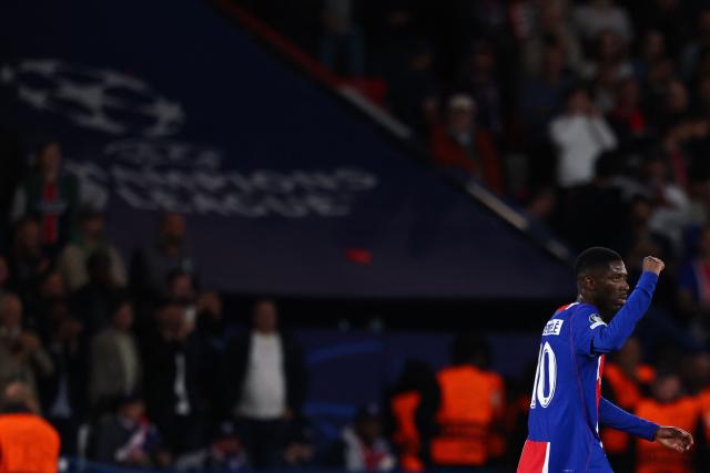 Paris Saint-Germain's French forward #10 Ousmane Dembele celebrates after scoring his team second goal during the UEFA Champions League, league phase, matchday 1, football match between Paris Saint-Germain (PSG) and Slovan Bratislava at the Parc des Princes Stadium in Paris on September 9, 2026. (Photo by FRANCK FIFE / AFP)