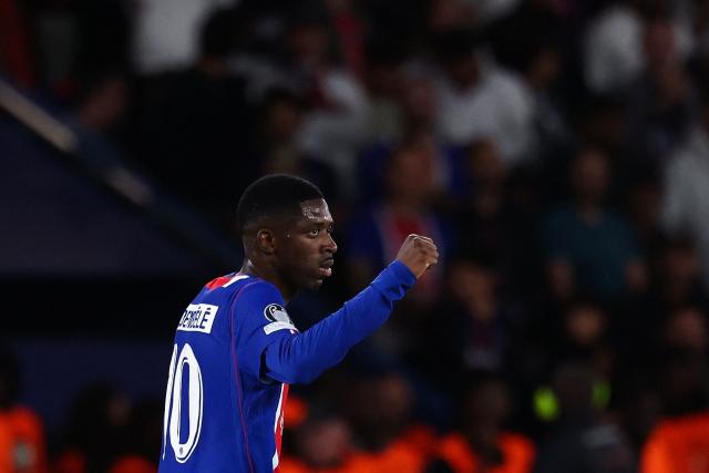 Paris Saint-Germain's French forward #10 Ousmane Dembele celebrates after scoring his team second goal during the UEFA Champions League, league phase, matchday 1, football match between Paris Saint-Germain (PSG) and Slovan Bratislava at the Parc des Princes Stadium in Paris on September 9, 2026. (Photo by FRANCK FIFE / AFP)