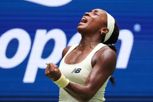 USA's Coco Gauff reacts when playing against Russia's Mirra Andreeva during their women's singles quarter-final tennis match on day eleven of the US Open tennis tournament at the USTA Billie Jean King National Tennis Center in New York on September 9, 2026. (Photo by TIMOTHY A. CLARY / AFP)