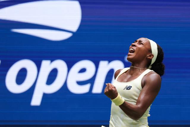 USA's Coco Gauff reacts when playing against Russia's Mirra Andreeva during their women's singles quarter-final tennis match on day eleven of the US Open tennis tournament at the USTA Billie Jean King National Tennis Center in New York on September 9, 2026. (Photo by TIMOTHY A. CLARY / AFP)