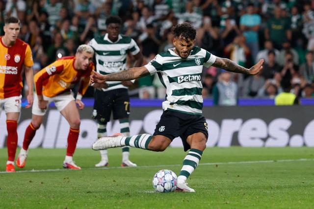 Sporting Lisbon's Colombian forward #97 Luis Suarez scores his team's second goal from the penalty spot during the UEFA Champions League first round day 1 football match between Sporting CP and Galatasaray at Jose Alvalade stadium in Lisbon on September 9, 2026. (Photo by FILIPE AMORIM / AFP)