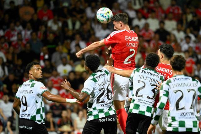 Benfica's French defender #02 Clement Lenglet heads the ball during the Portuguese League football match between Moreirense FC and SL Benfica at Comendador Joaquim de Almeida Freitas stadium in Moreira de Conegos on September 9, 2026. (Photo by Miguel RIOPA / AFP)