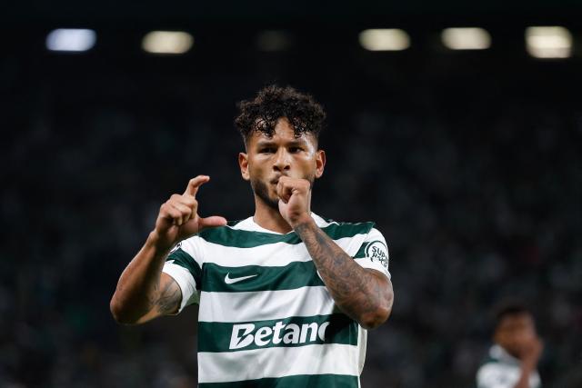 Sporting Lisbon's Colombian forward #97 Luis Suarez celebrates scoring his team's second goal during the UEFA Champions League first round day 1 football match between Sporting CP and Galatasaray at Jose Alvalade stadium in Lisbon on September 9, 2026. (Photo by FILIPE AMORIM / AFP)