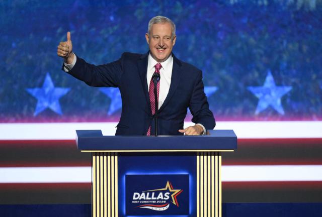 Michael Whatley, Republican nominee for the US Senate in North Carolina, gives a thumb's up as he speaks during the Republican National Midterm Convention at the American Airlines Center in Dallas, Texas on September 9, 2026. US Republicans open an extraordinary midterm convention in Dallas on September 9 betting that putting Donald Trump at the center of their campaign can rescue a party facing grim election forecasts -- despite the president's negative approval ratings. (Photo by Patrick T. Fallon / AFP)