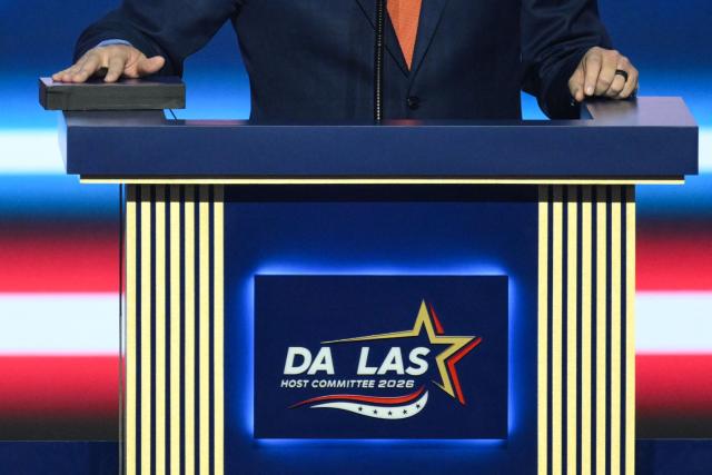A letter L is missing from "Dallas" on the podium as Republican National Committee Chairman Joe Gruters speaks during the Republican National Midterm Convention at the American Airlines Center in Dallas, Texas on September 9, 2026. US Republicans open an extraordinary midterm convention in Dallas on September 9 betting that putting Donald Trump at the center of their campaign can rescue a party facing grim election forecasts -- despite the president's negative approval ratings. (Photo by Patrick T. Fallon / AFP)