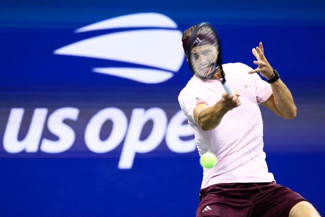 Germany's Alexander Zverev hits a return to Netherlands' Botic van de Zandschulp during their men's singles quarter-final tennis match on day eleven of the US Open tennis tournament at the USTA Billie Jean King National Tennis Center in New York City on September 9, 2026. (Photo by CHARLY TRIBALLEAU / AFP)