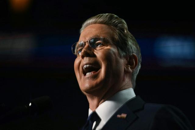 US Secretary of Treasury Scott Bessent speaks during the Republican National Midterm Convention at the American Airlines Center in Dallas, Texas on September 9, 2026. US Republicans open an extraordinary midterm convention in Dallas on September 9 betting that putting Donald Trump at the center of their campaign can rescue a party facing grim election forecasts -- despite the president's negative approval ratings. (Photo by Kent NISHIMURA / AFP)