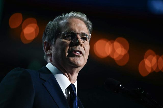 US Secretary of Treasury Scott Bessent speaks during the Republican National Midterm Convention at the American Airlines Center in Dallas, Texas on September 9, 2026. US Republicans open an extraordinary midterm convention in Dallas on September 9 betting that putting Donald Trump at the center of their campaign can rescue a party facing grim election forecasts -- despite the president's negative approval ratings. (Photo by Kent NISHIMURA / AFP)
