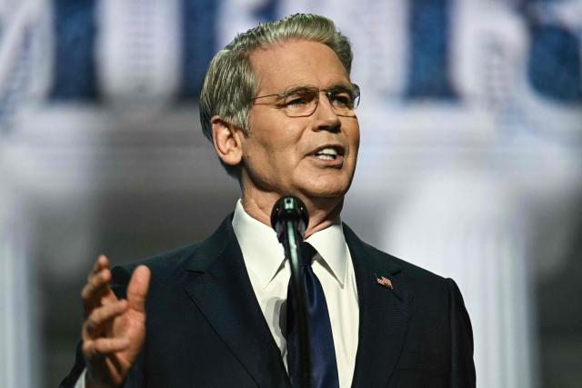 US Secretary of Treasury Scott Bessent speaks during the Republican National Midterm Convention at the American Airlines Center in Dallas, Texas on September 9, 2026. US Republicans open an extraordinary midterm convention in Dallas on September 9 betting that putting Donald Trump at the center of their campaign can rescue a party facing grim election forecasts -- despite the president's negative approval ratings. (Photo by Kent NISHIMURA / AFP)