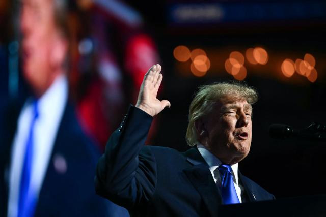 US President Donald Trump speaks during the Republican National Midterm Convention at the American Airlines Center in Dallas, Texas on September 9, 2026. US Republicans open an extraordinary midterm convention in Dallas on September 9 betting that putting Donald Trump at the center of their campaign can rescue a party facing grim election forecasts -- despite the president's negative approval ratings. (Photo by Kent NISHIMURA / AFP)