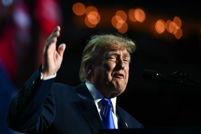 US President Donald Trump speaks during the Republican National Midterm Convention at the American Airlines Center in Dallas, Texas on September 9, 2026. US Republicans open an extraordinary midterm convention in Dallas on September 9 betting that putting Donald Trump at the center of their campaign can rescue a party facing grim election forecasts -- despite the president's negative approval ratings. (Photo by Kent NISHIMURA / AFP)