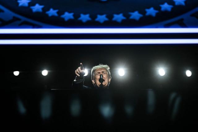 US President Donald Trump speaks during the Republican National Midterm Convention at the American Airlines Center in Dallas, Texas on September 9, 2026. US Republicans open an extraordinary midterm convention in Dallas on September 9 betting that putting Donald Trump at the center of their campaign can rescue a party facing grim election forecasts -- despite the president's negative approval ratings. (Photo by Brendan SMIALOWSKI / AFP)