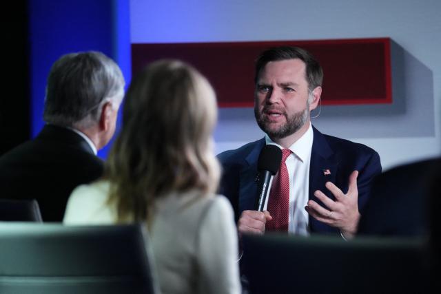 US Vice President JD Vance participates in an interview with Fox News on the sideline of the Republican National Midterm Convention at the American Airlines Center in Dallas, Texas on September 9, 2026. US Republicans open an extraordinary midterm convention in Dallas on September 9 betting that putting Donald Trump at the center of their campaign can rescue a party facing grim election forecasts -- despite the president's negative approval ratings. (Photo by Eric Lee / POOL / AFP)