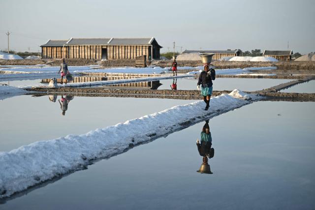 People work at a salt pan in Thoothukudi, India's Tamil Nadu state on September 10, 2026. (Photo by R. Satish BABU / AFP)