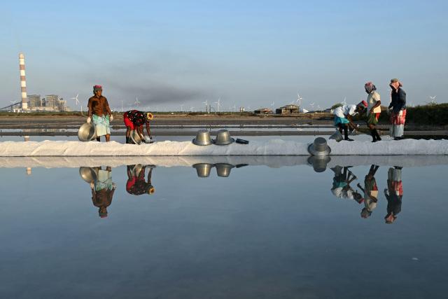 Workers harvest salt at Thoothukudi in India's Tamil Nadu state on September 10, 2026. (Photo by R. Satish BABU / AFP)
