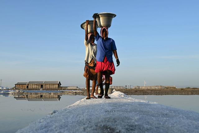 People work at a salt pan in Thoothukudi, India's Tamil Nadu state on September 10, 2026. (Photo by R. Satish BABU / AFP)