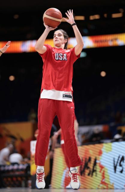 USA's guard #05 Sonia Citron practises shooting during the warm up prior to the 2026 FIBA Women's Basketball World Cup quarter-final match between USA and Hungary at the Berlin Arena in Berlin on September 10, 2026. (Photo by Ronny HARTMANN / AFP)