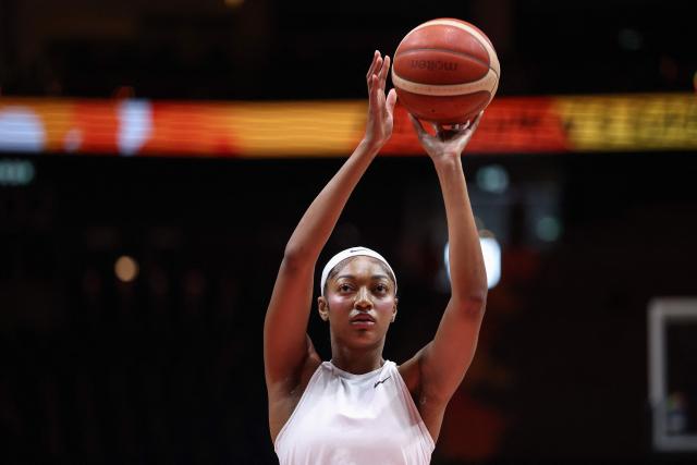 USA's forward #15 Angel Reese practises shooting during the warm up prior to the 2026 FIBA Women's Basketball World Cup quarter-final match between USA and Hungary at the Berlin Arena in Berlin on September 10, 2026. (Photo by Ronny HARTMANN / AFP)