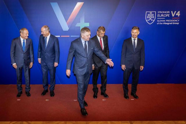 Prime Ministers (L-R) Donald Tusk from Poland, Micheal Martin from Ireland, Robert Fico from Slovakia, Andrej Babis from the Czech Republic and Peter Magyar from Hungary pose for a family photo during the V4 + Ireland Prime Ministers' meeting at the  Bratislava castle in Bratislava, Slovakia, on September 10, 2026. (Photo by TOMAS BENEDIKOVIC / AFP)
